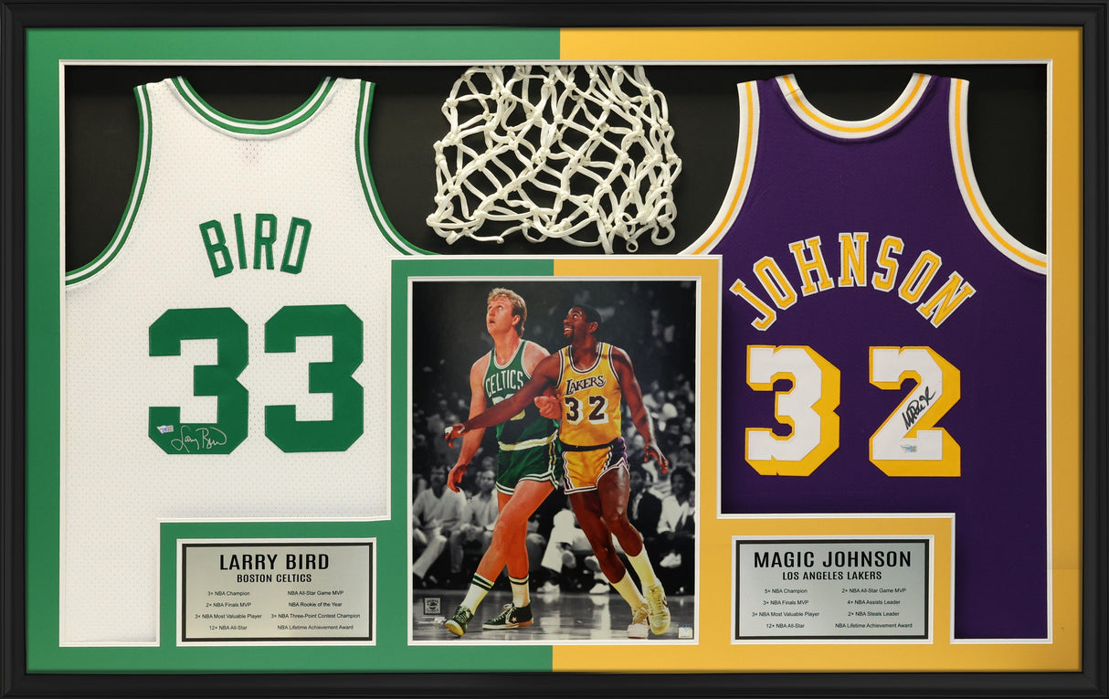 Larry Bird and Magic Johnson Signed Boston Celtics and Los Angeles Lakers Dual-Framed 60x38 Mitchell & Ness Jerseys and Authentic Basketball Net - AUCTION