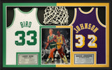 Larry Bird and Magic Johnson Signed Boston Celtics and Los Angeles Lakers Dual-Framed 60x38 Mitchell & Ness Jerseys and Authentic Basketball Net - AUCTION