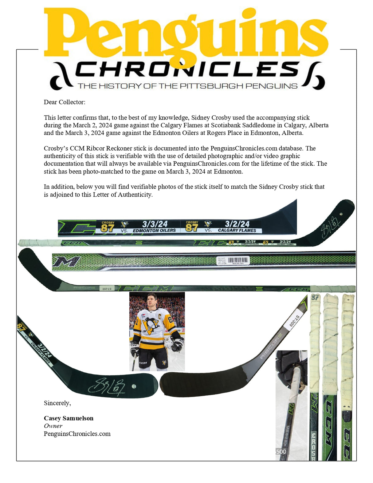 Sidney Crosby Signed Dual Game-Used Stick vs Edmonton Oilers (3/3/24) and Calgary Flames (3/2/24) Photomatched by Pittsburgh Chronicles (ST-209) - AUCTION