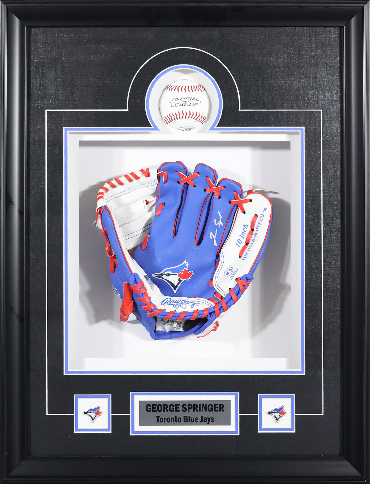 George Springer Signed Toronto Blue Jays Framed 18x23 10 Inch Rawling Baseball Glove and Official League R2D1 Baseball - AUCTION