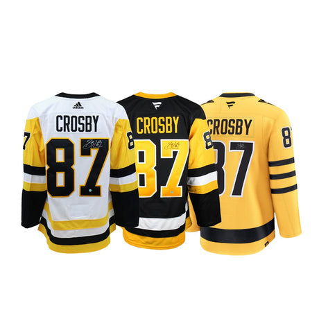 (Collector Bundle) Sidney Crosby Signed Home Fanatics Premium, Away Adidas Authentic, and Alternate Fanatics Premium Pittsburgh Penguins Jersey - AUCTION
