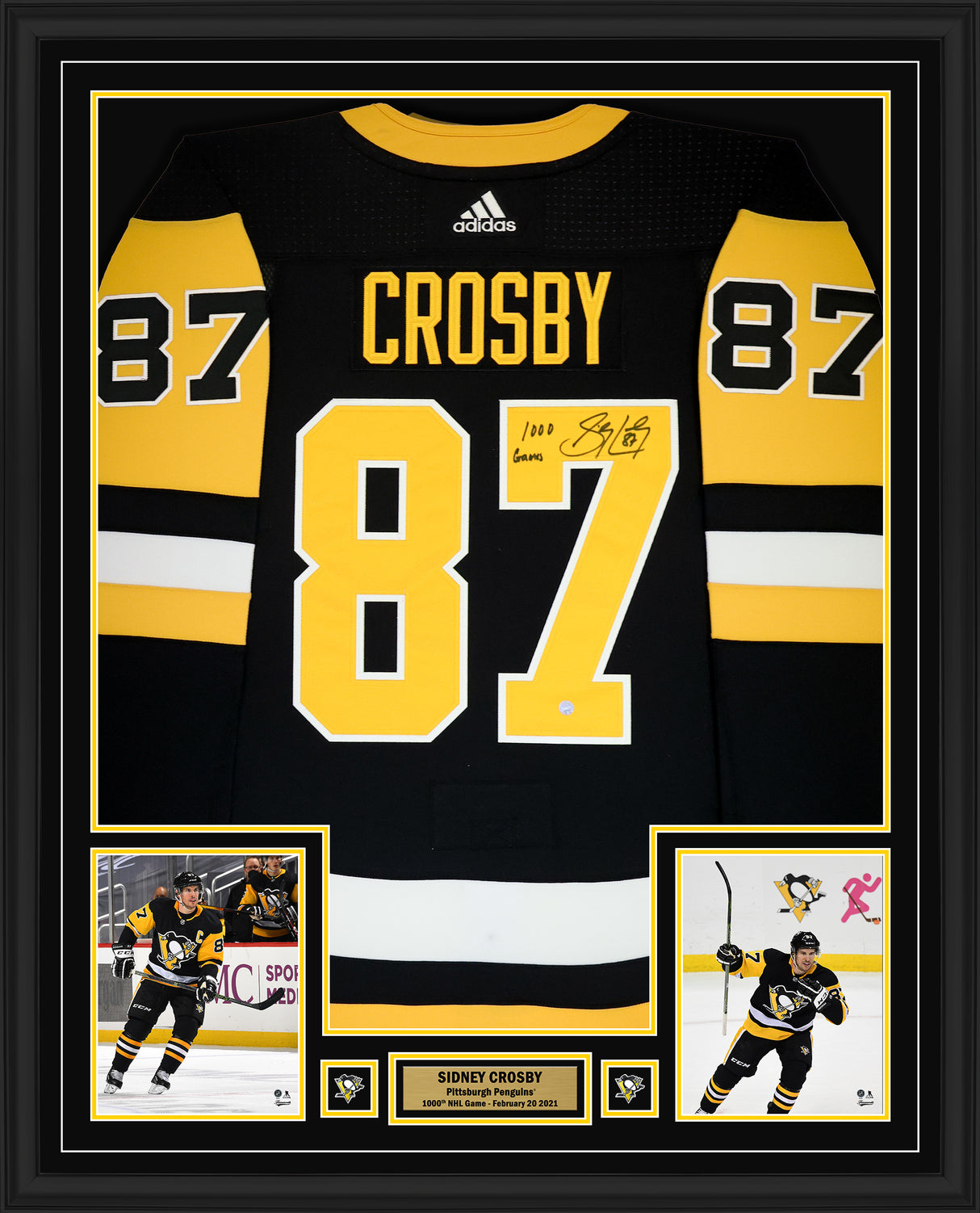 Sidney Crosby Signed Framed 34x42 Pittsburgh Penguins Adidas Authentic Jersey Insc "1000 Games" - AUCTION