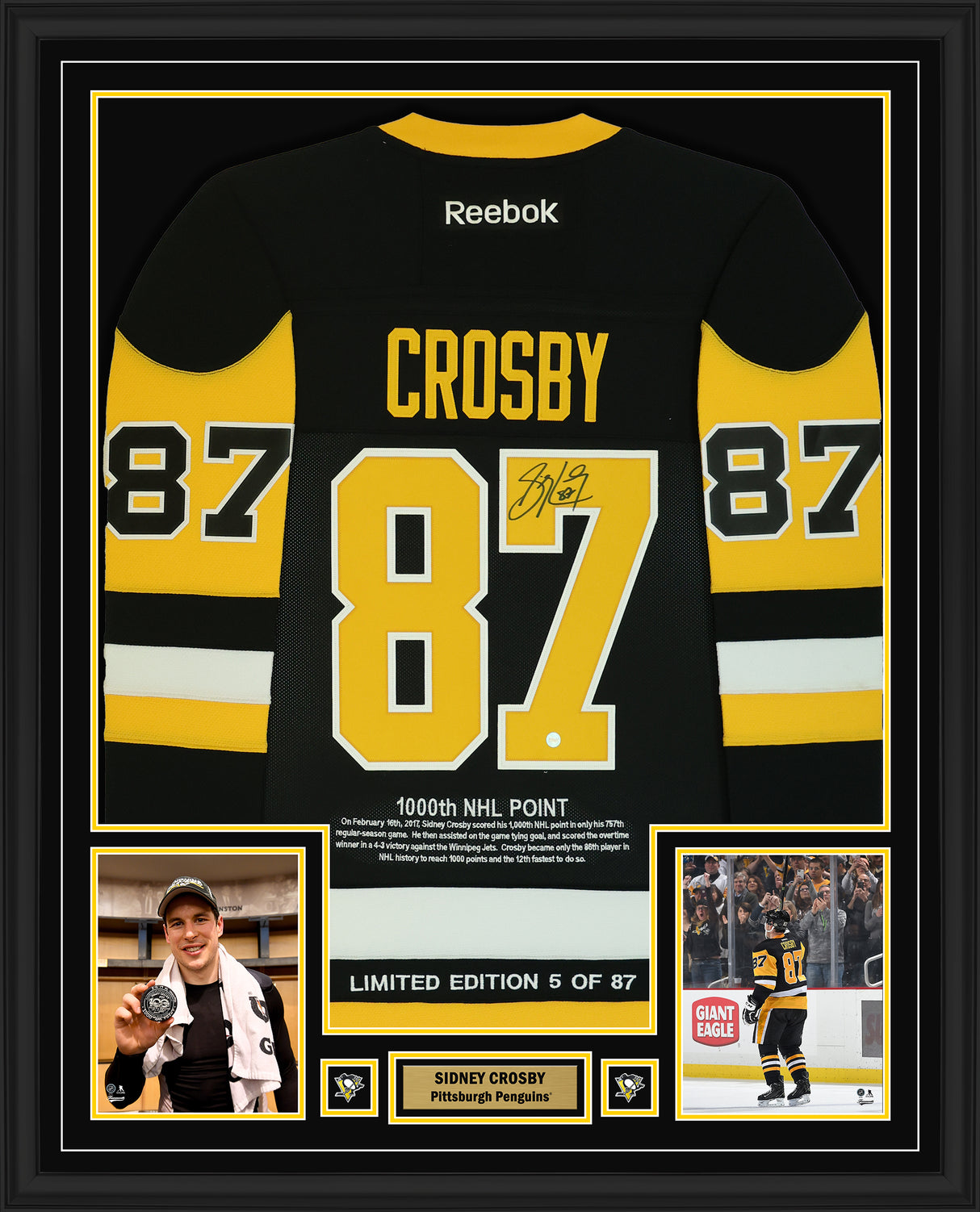Sidney Crosby Signed Framed 34x42 Pittsburgh Penguins Reebok Premier Jersey Replica "1000th NHL Point" Embroidered Jersey (Limited Edition 5 of 87) - AUCTION