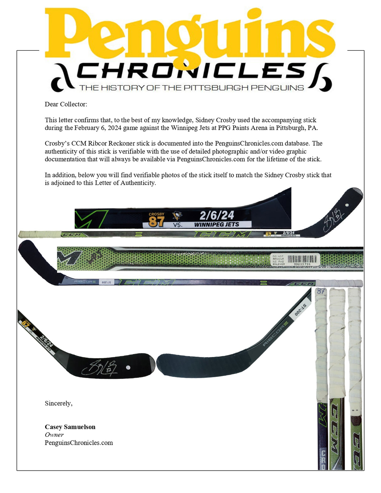 Sidney Crosby Signed Game Used Stick vs Winnipeg Jets (2/6/24) Photomatched by Pittsburgh Chronicles (ST-200) - AUCTION