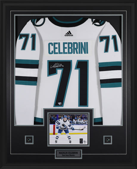 Macklin Celebrini Signed San Jose Sharks Framed 34x42 Away Adidas Authentic Jersey - AUCTION