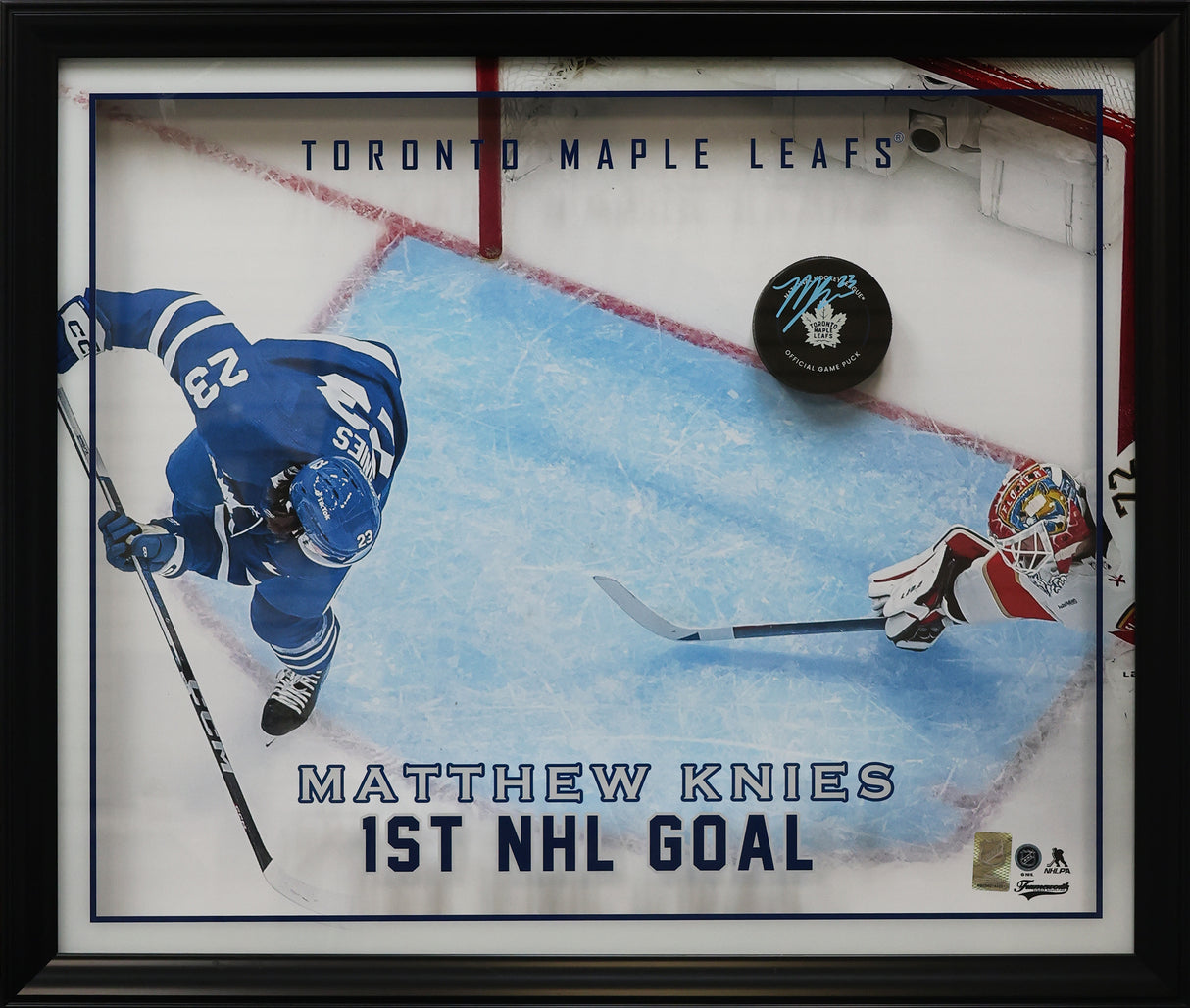 Matthew Knies Signed Toronto Maple Leafs Framed 26x22 Official Game Puck PhotoGlass First Goal Collage - AUCTION