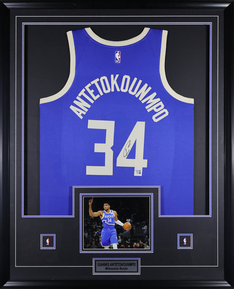 Giannis Antetokounmpo Signed Framed 34x42 Milwaukee Bucks Nike Blue City Edition Swingman Jersey - AUCTION