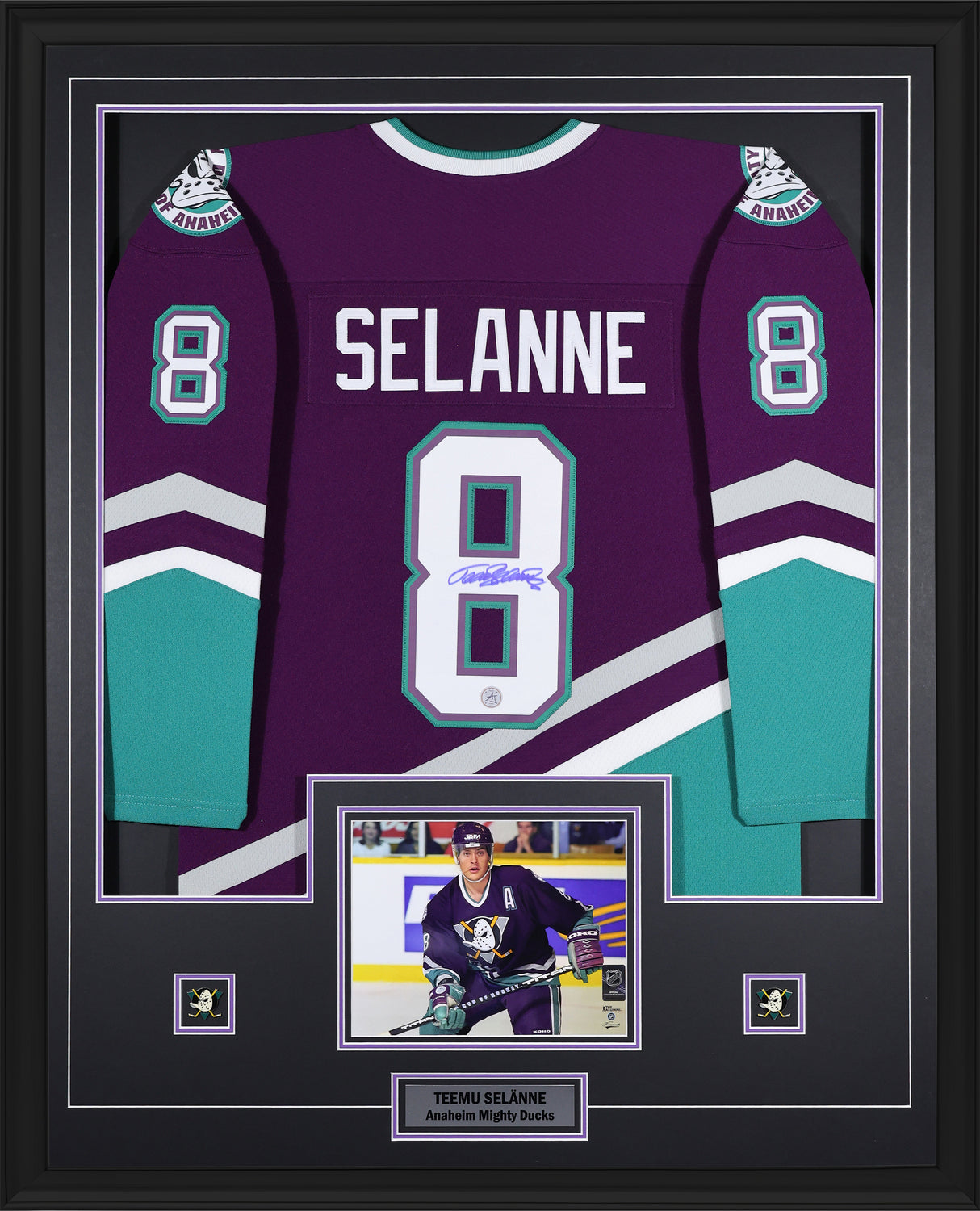 Teemu Selanne Signed Anaheim Mighty Ducks Framed 34x42 Mitchell & Ness Throwback Jersey - AUCTION