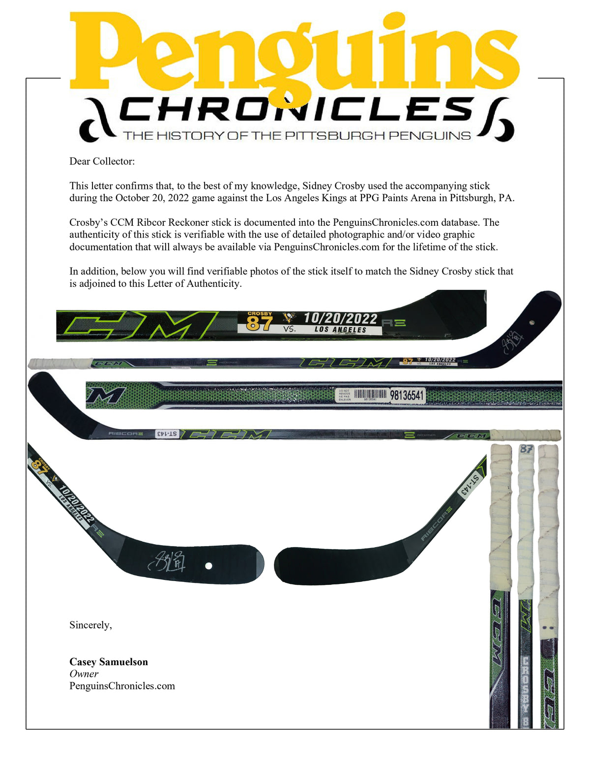 Sidney Crosby Signed Game Used Stick vs Los Angeles Kings (10/20/22) Photomatched by Pittsburgh Chronicles (ST-143) - AUCTION