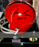 Jim Brown Signed Cleveland Browns Riddell Mini Helmet with Cleveland Browns Fanatics Authentic Golden Classic Mini Helmet Display Case - AUCTION