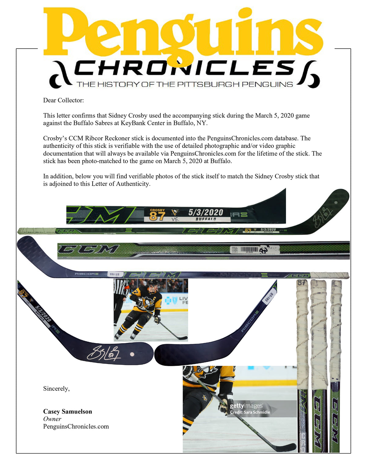 Sidney Crosby Signed Game Used Stick vs Buffalo Sabres (5/3/2020) Photomatched by Pittsburgh Chronicles (ST-193) - AUCTION