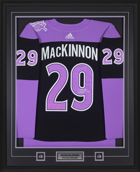 Nathan MacKinnon Signed Colorado Avalanche Hockey Fights Cancer Framed 34x42 Black Adidas Authentic Jersey - AUCTION