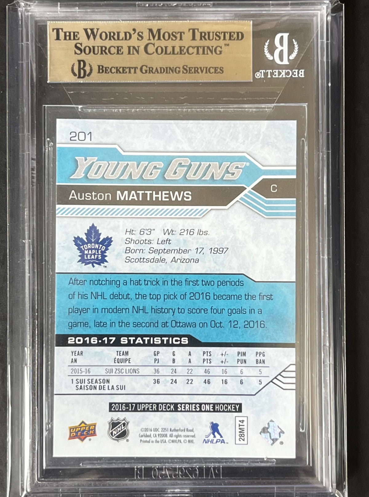 Auston Matthews 2016-17 Upper Deck Rookie Card #201 Graded BGS 9.5 Gem Mint - AUCTION