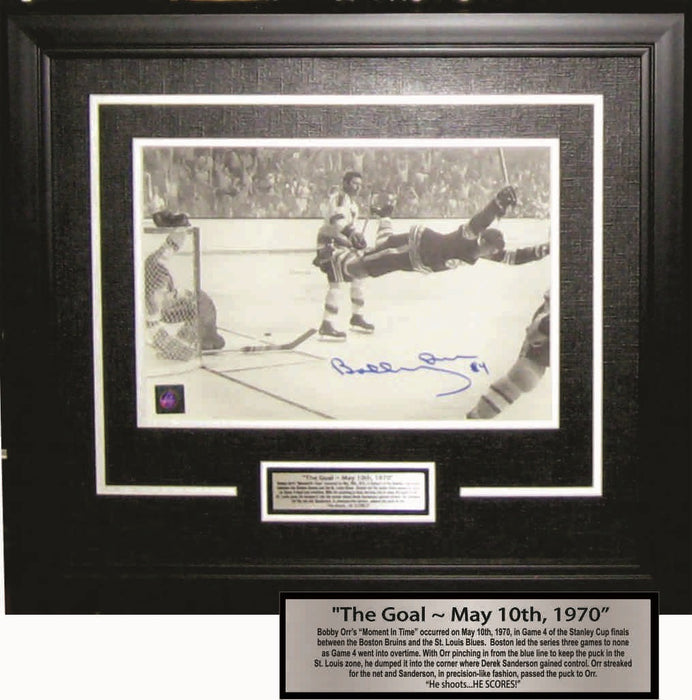 Bobby Orr Boston Bruins Signed Framed 8x10 "The Goal" Black and White Photo