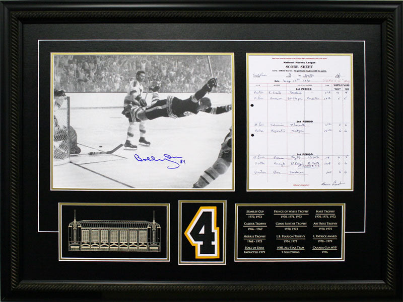 Bobby Orr Signed 11x14  Bruins Stanley Cup Tribute "The Goal" Framed with Scoresheet