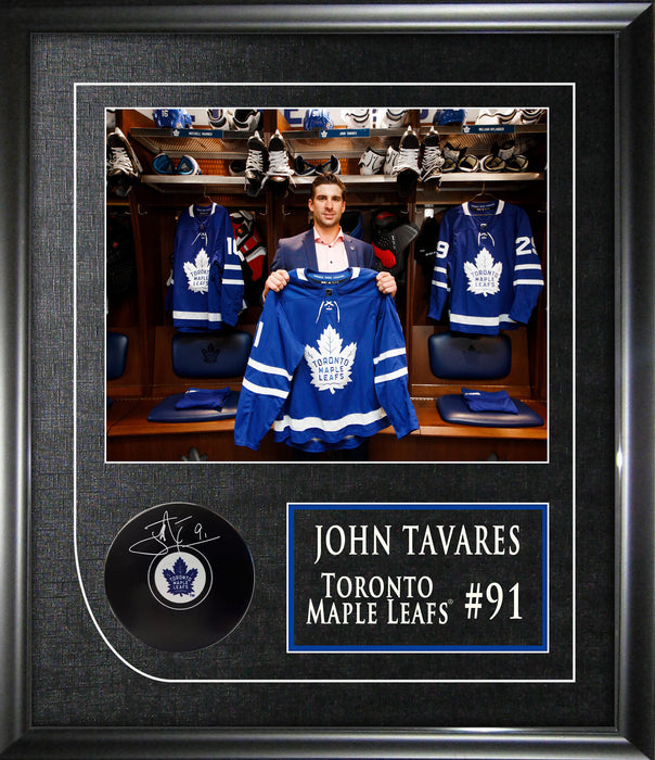 John Tavares Signed Framed Toronto Maple Leafs Puck with Locker Room Photo