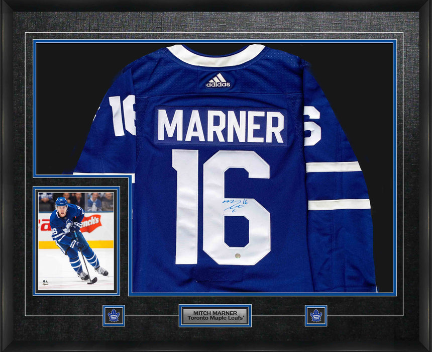 Mitch Marner Signed Framed Toronto Maple Leafs Blue Adidas Authentic Jersey with Photo - Frameworth Sports Canada 