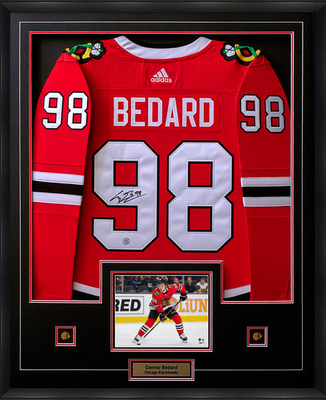 Connor Bedard Signed Jersey Framed Chicago Blackhawks Red Adidas - AUCTION