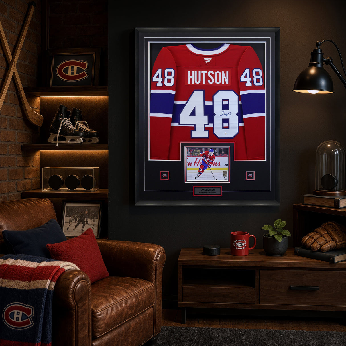 Lane Hutson Signed Framed 34x42 Montreal Canadiens Red Fanatics Premium  Jersey