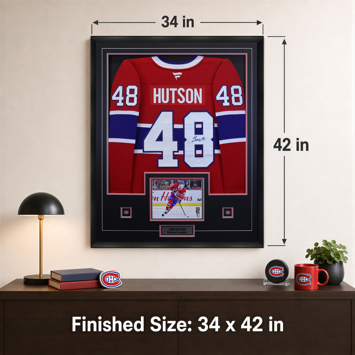 Lane Hutson Signed Framed 34x42 Montreal Canadiens Red Fanatics Premium  Jersey