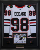Connor Bedard Signed Jersey Framed Chicago Blackhawks White Fanatics Premium - AUCTION