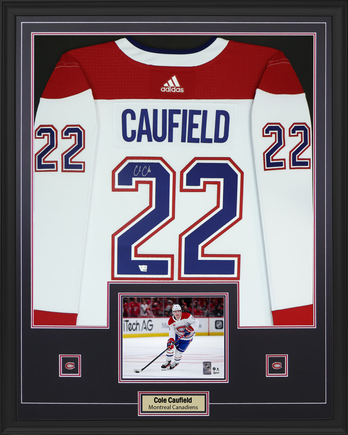 Cole Caufield Signed Jersey Framed 34x42 Montreal Canadiens White Adidas - AUCTION