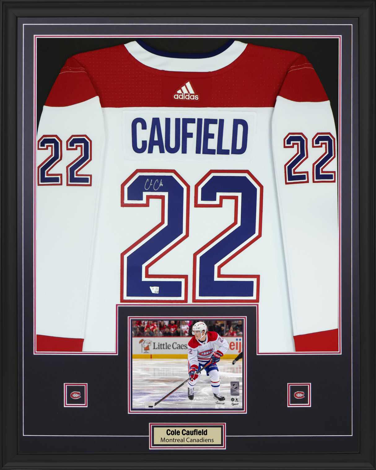 Cole Caufield Signed Jersey Framed 34x42 Montreal Canadiens White Adidas