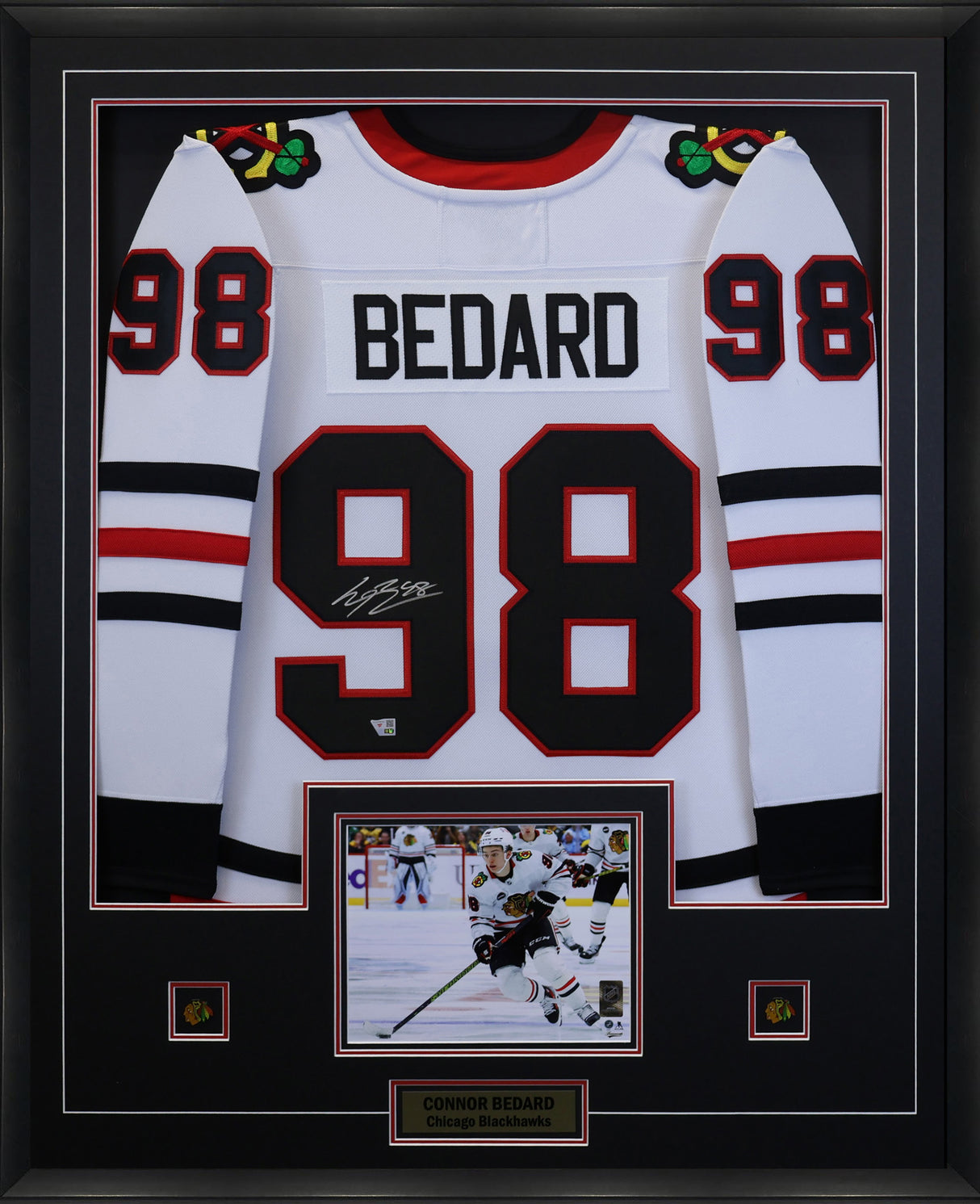 Connor Bedard Signed Framed 34x42 Chicago Blackhawks Away Fanatics Breakaway Jersey - AUCTION