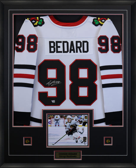 Connor Bedard Signed Framed 34x42 Chicago Blackhawks Away Fanatics Breakaway Jersey - AUCTION