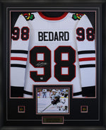 Connor Bedard Signed Framed 34x42 Chicago Blackhawks Away Fanatics Breakaway Jersey