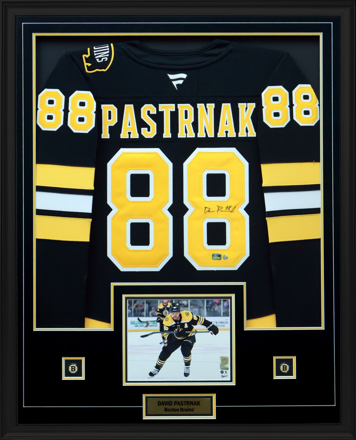 David Pastrnak Signed Framed 34x42 Boston Bruins Black Fanatics Premium Jersey - AUCTION
