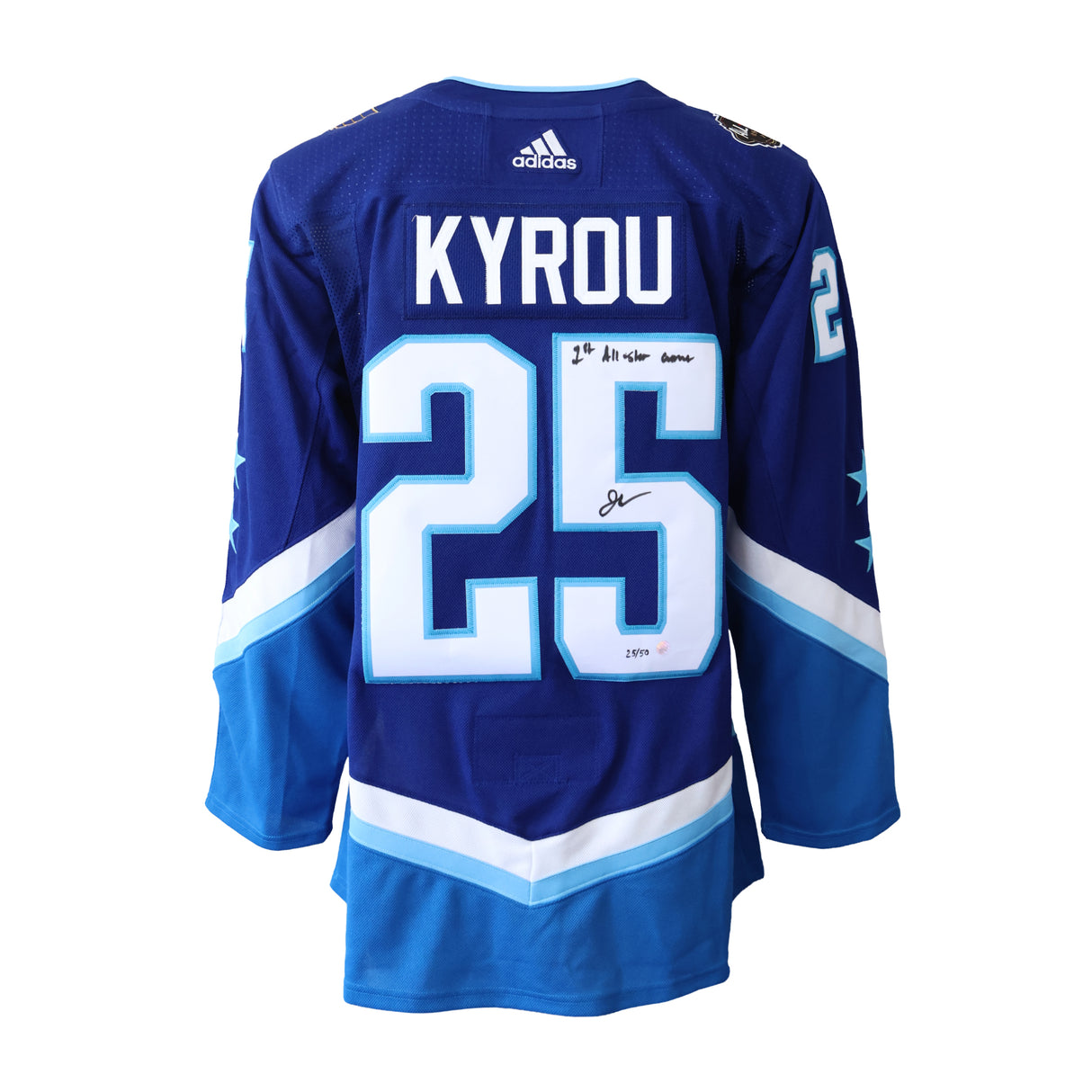 Jordan Kyrou Signed 2022 NHL All-Star Blue Adidas Authentic Jersey with "1st NHL All-Star Game" Inscribed LE/50