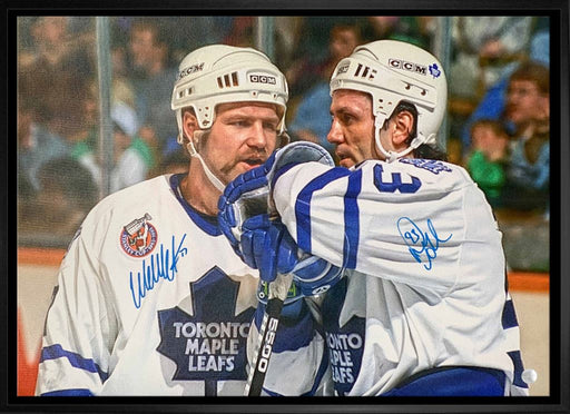 Doug Gilmour and Wendel Clark Toronto Maple Leafs Dual Signed Framed 20x29 Talking on Ice Canvas - Frameworth Sports Canada 