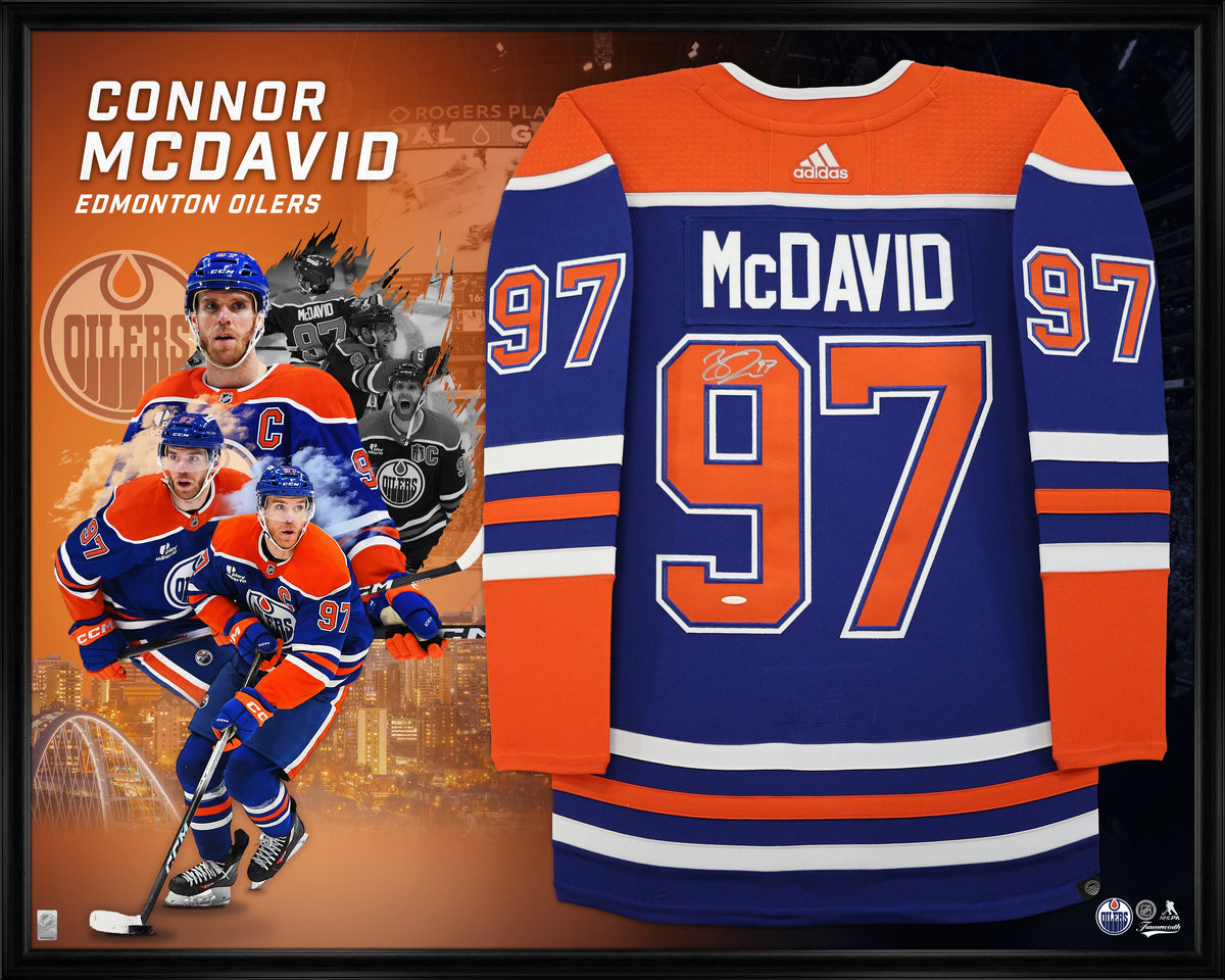 Connor McDavid Signed Deluxe Framed 40x50 Art Work Edition Edmonton Oilers Adidas Authentic Home Jersey