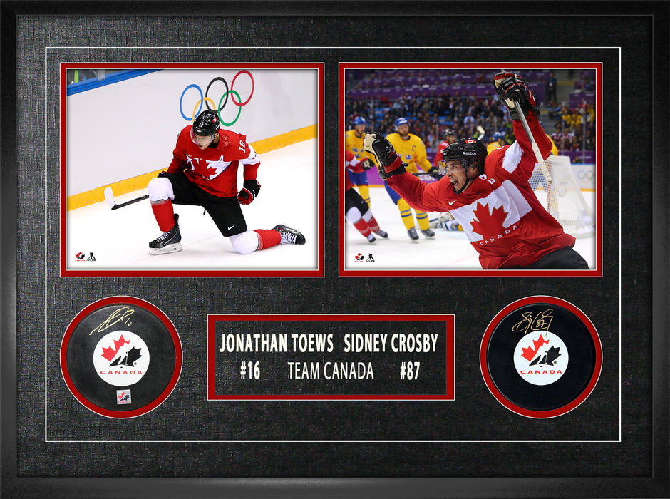 Sidney Crosby and Jonathan Toews Dual-Signed Framed Team Canada Pucks with 8x10 Photos - Frameworth Sports Canada 