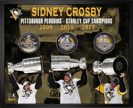 Sidney Crosby Pittsburgh Penguins Triple-Signed Stanley Cup Pucks - Frameworth Sports Canada 