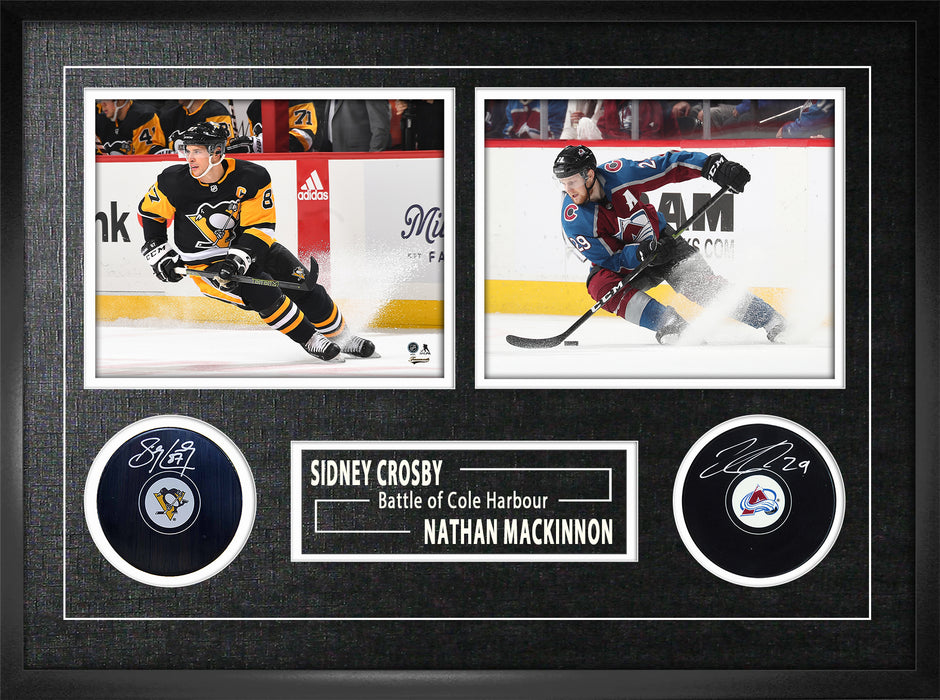 Sidney Crosby / Nathan MacKinnon Dual-Signed Puck Frame Penguins & Avalanche