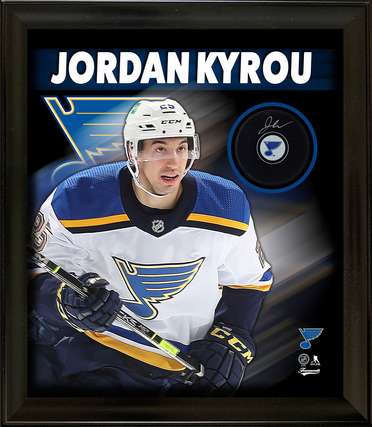 Jordan Kyrou Signed PhotoGlass Framed St. Louis Blues Puck - AUCTION