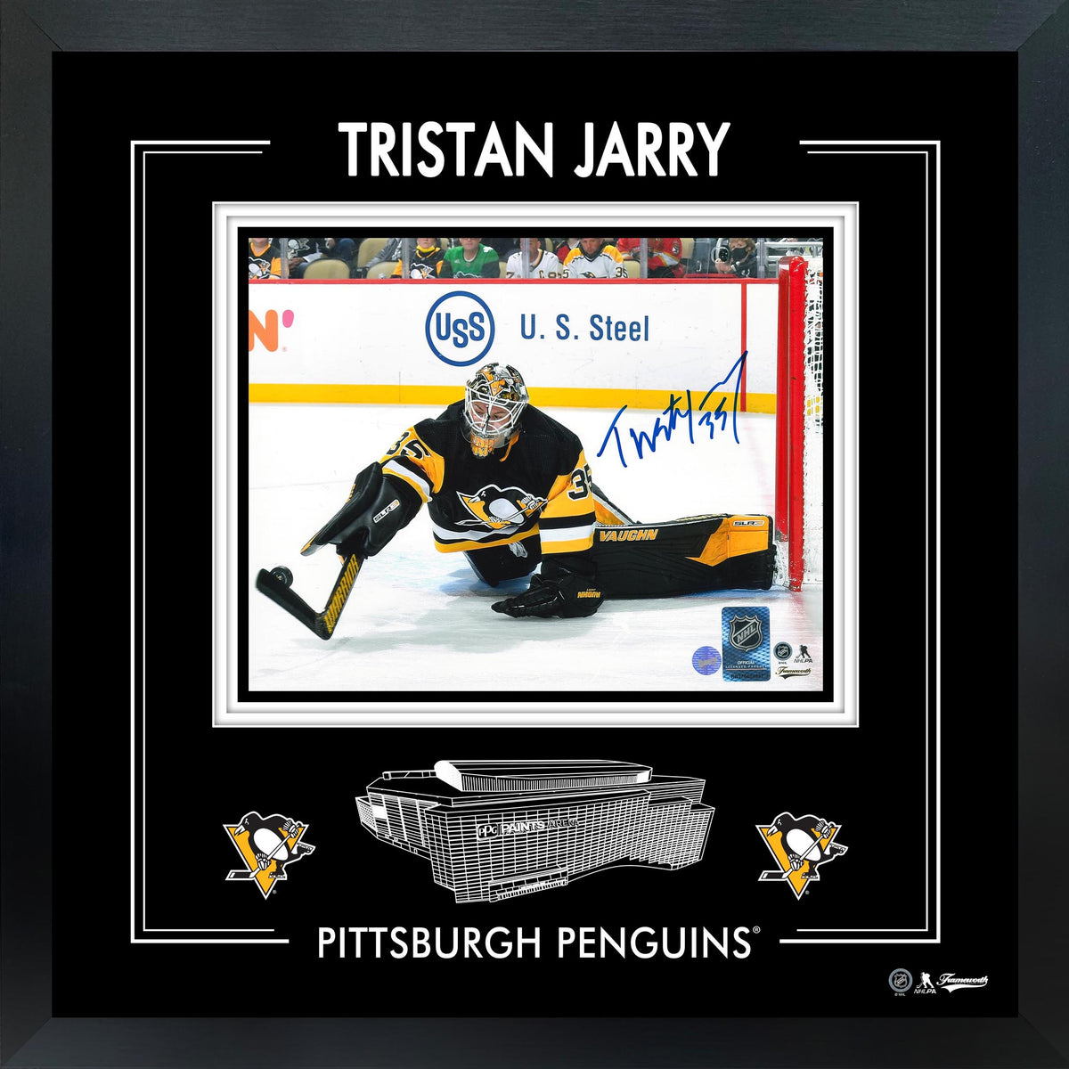 Tristan Jarry Signed 8x10 Framed PhotoGlass Penguins Stick Save-H - AUCTION