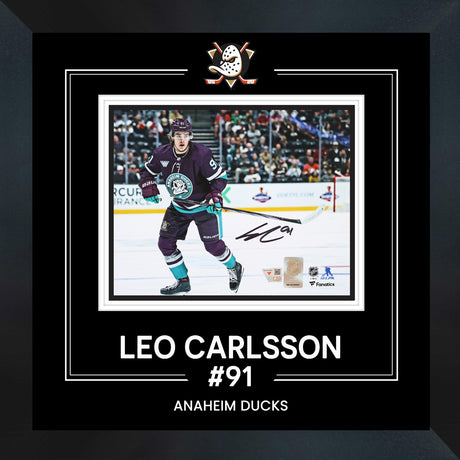Leo Carlsson Signed Framed 8x10 Photo Anaheim Ducks Purple Jersey Skating - AUCTION