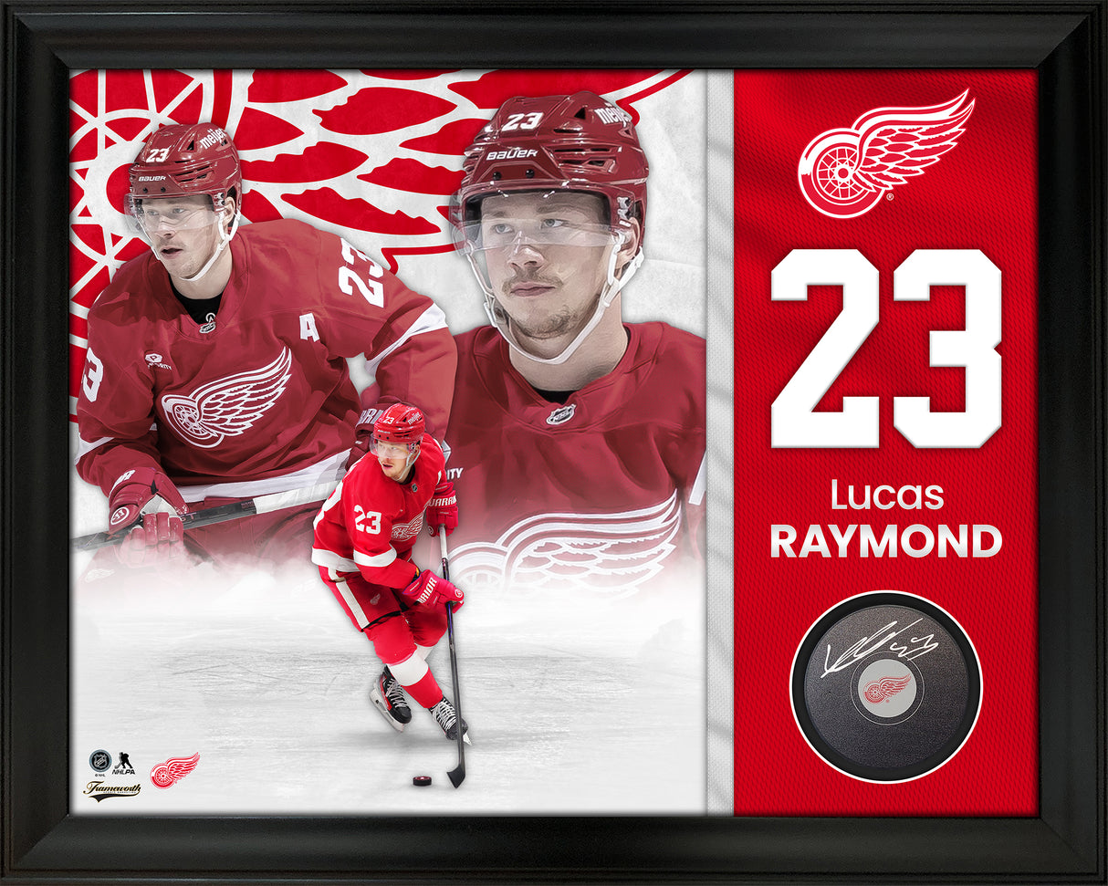 Lucas Raymond Signed Framed Detroit Red Wings Puck - AUCTION