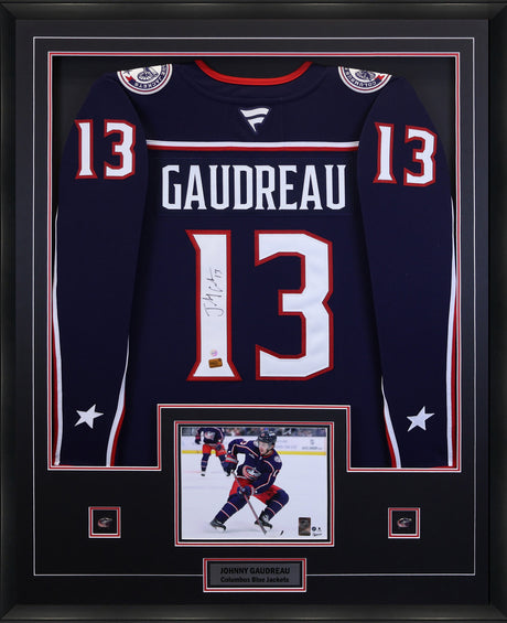 Johnny Gaudreau Signed Jersey Framed Blue Columbus Blue Jackets Fanatics Premium - AUCTION