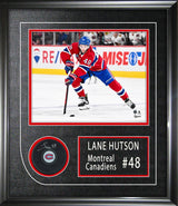 Lane Hutson Signed Puck Framed 17x19.5" Montreal Canadiens