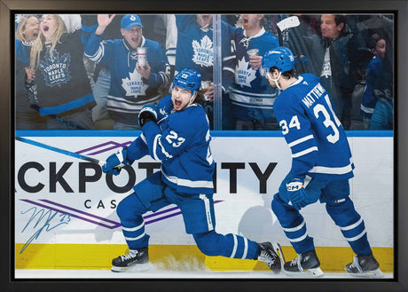 Matthew Knies Signed 20x29 Canvas Framed Toronto Maple Leafs Celebration with Matthews-H - AUCTION