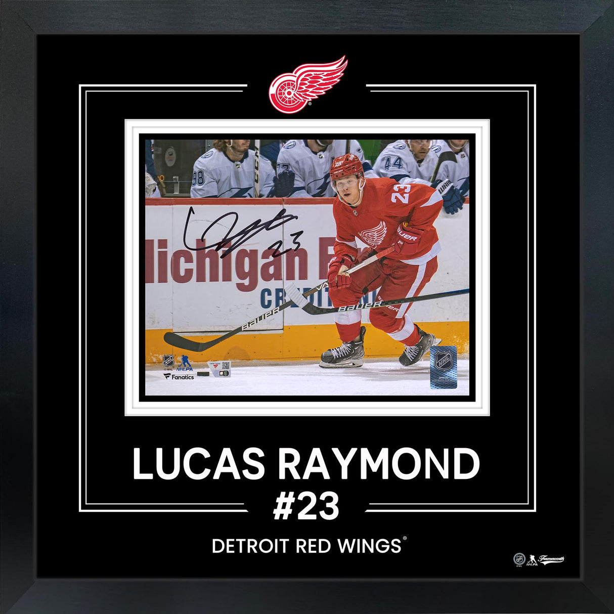 Lucas Raymond Detroit Red Wings Signed 8x10 Photo Framed PhotoGlass NHL Debut Skating- AUCTION