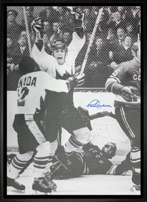 Paul Henderson Team Canada Signed Framed 20x29 Black and White '72 Summit Series Goal Celebration Canvas