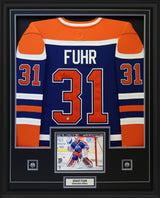 Grant Fuhr Signed Framed 34x42 Edmonton Oilers Replica Blue Vintage Fanatics Jersey - AUCTION