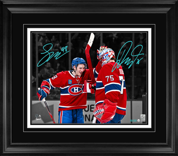 Lane Hutson and Jakub Dobes Dual Signed 16x20 Print Framed Montreal Canadiens Celebration (Limited Edition of 25)