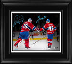Lane Hutson and Jakub Dobes Dual Signed 16x20 Print Framed Montreal Canadiens Glove Tap Back-View (Limited Edition of 25)