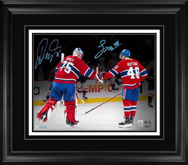 Lane Hutson and Jakub Dobes Dual Signed 16x20 Print Framed Montreal Canadiens Glove Tap Back-View (Limited Edition of 25)
